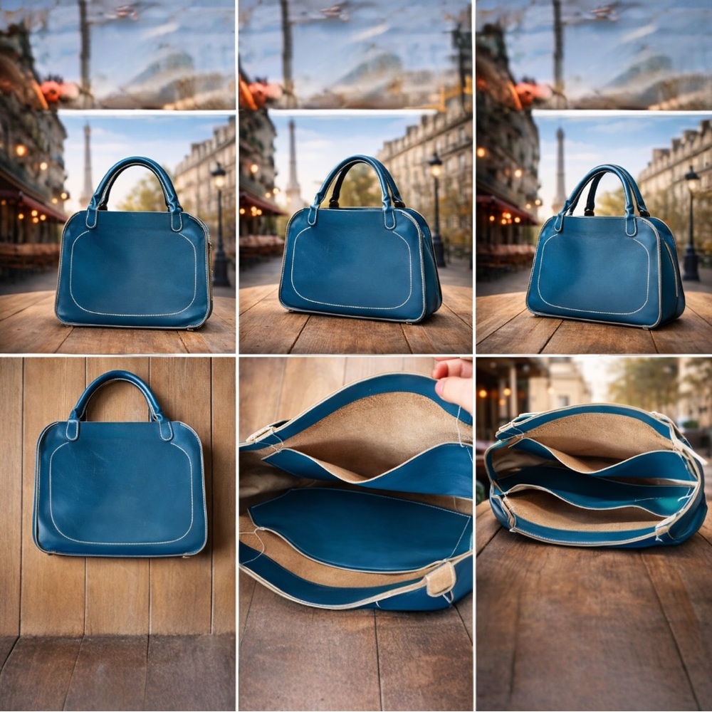 French Artisan Handcrafted Leather Satchel Turquoise Blue Top Handle Bag - Picture 11 of 12